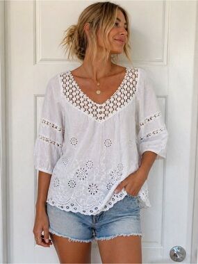 Solitaire White Eyelet Lace Blouse Boho Cottagecore Cotton Top Size L